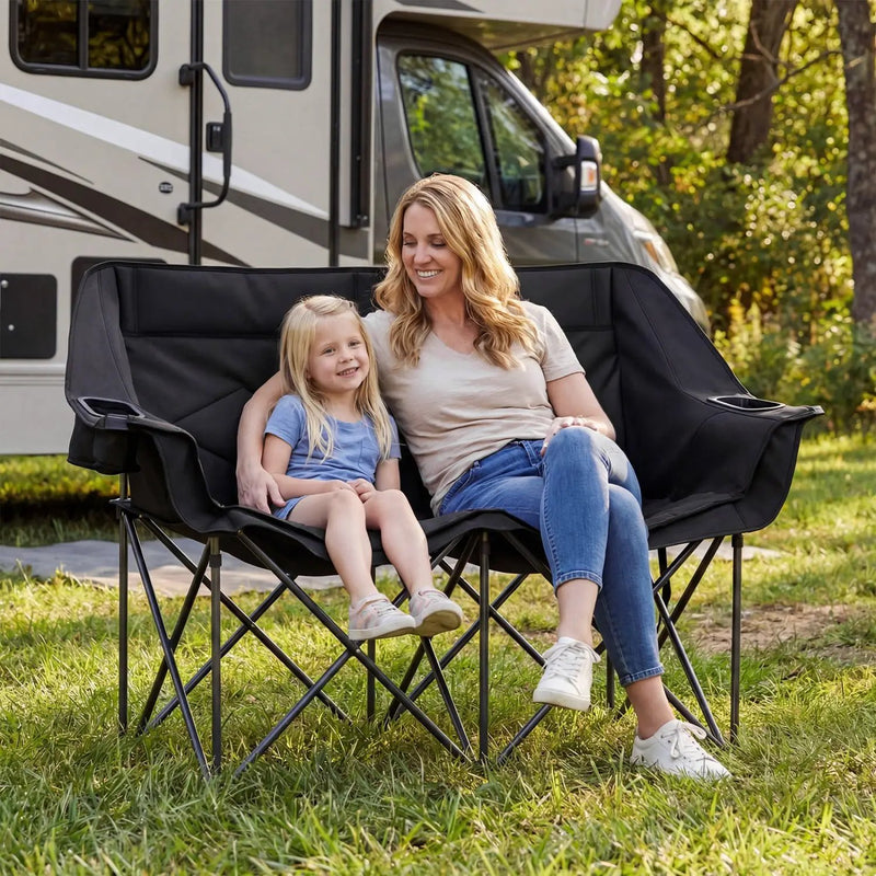 Double Camping Chair with Cup Holders Glass Racks and Mesh Pockets by DirectDeals