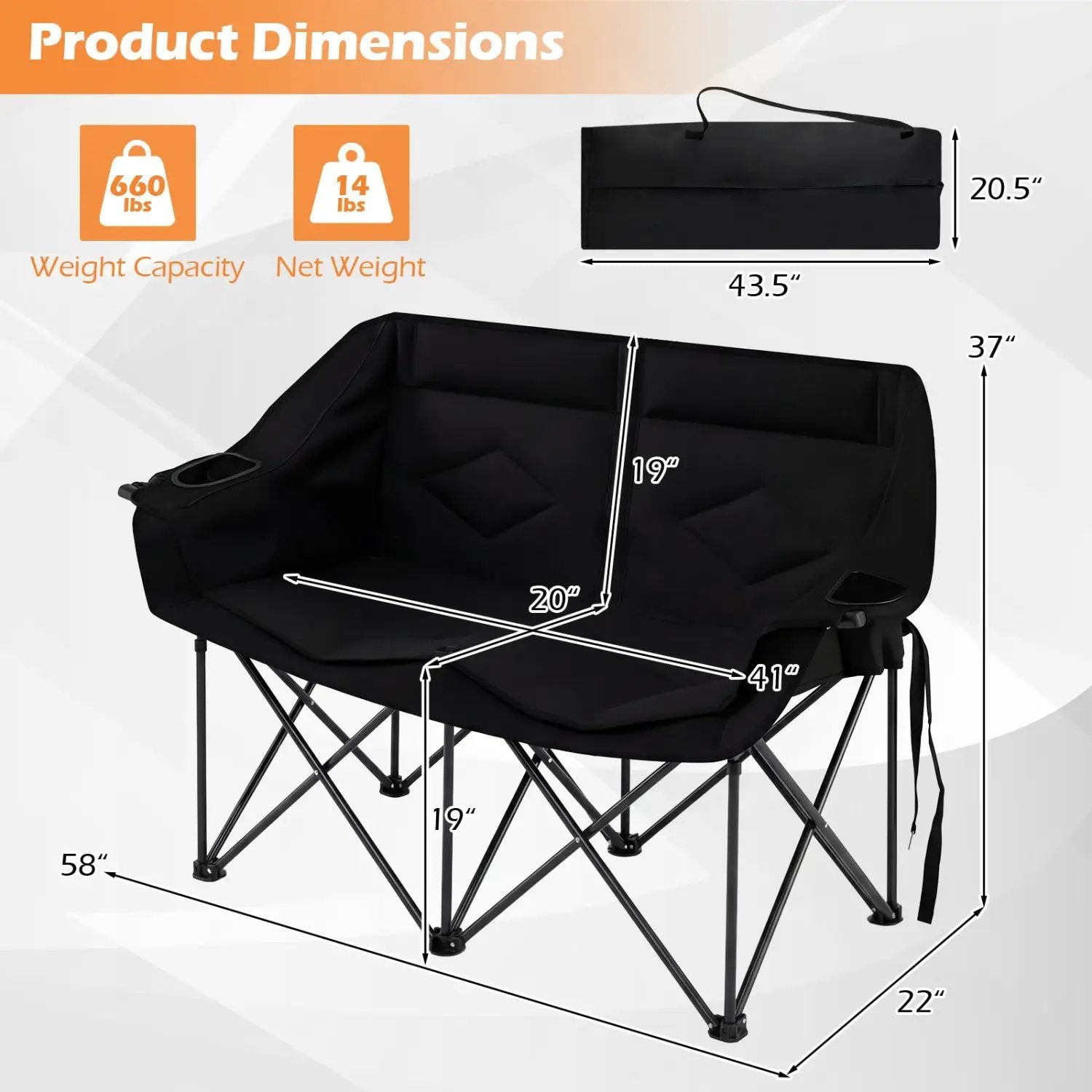 Double Camping Chair with Cup Holders Glass Racks and Mesh Pockets by DirectDeals