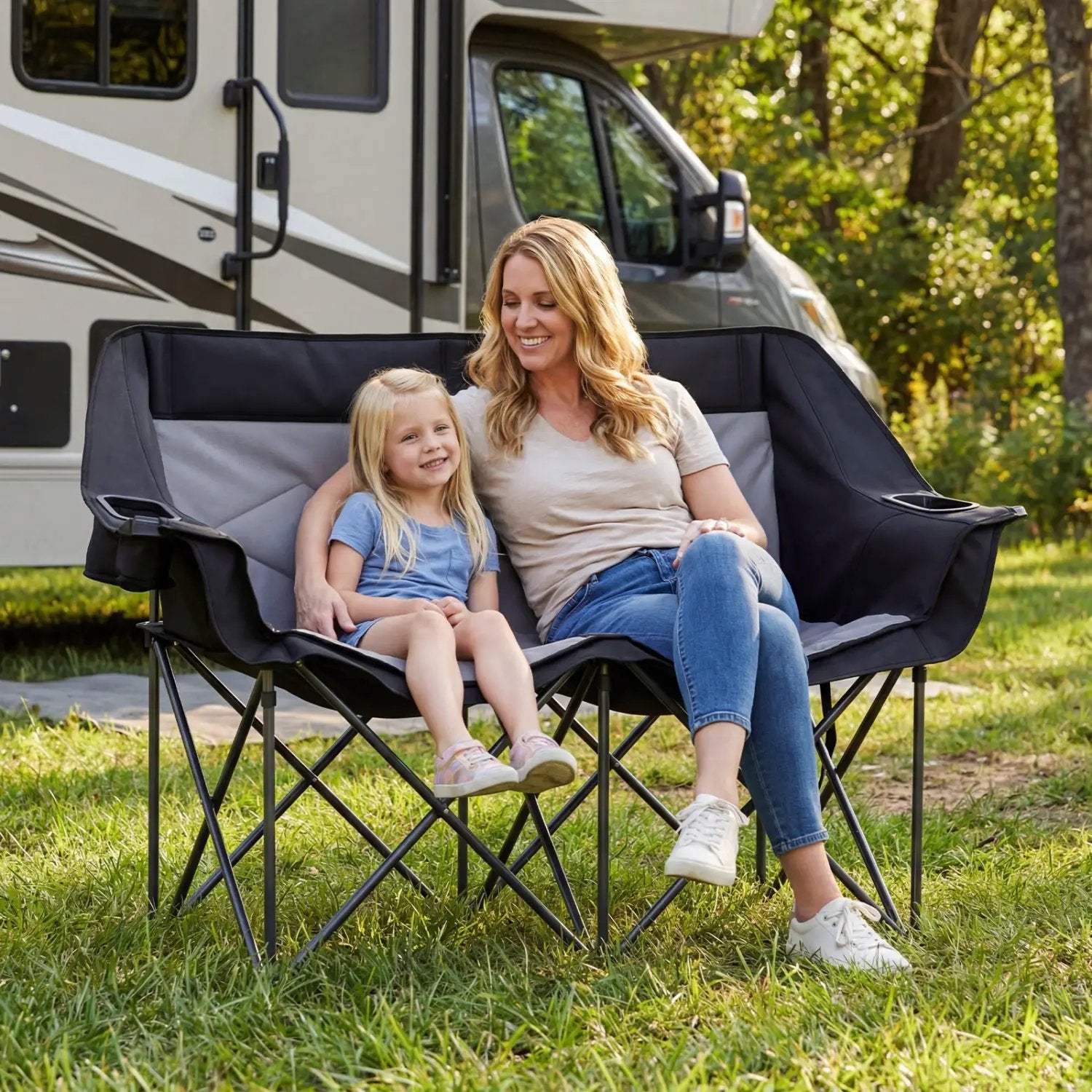 Double Camping Chair with Cup Holders Glass Racks and Mesh Pockets by DirectDeals