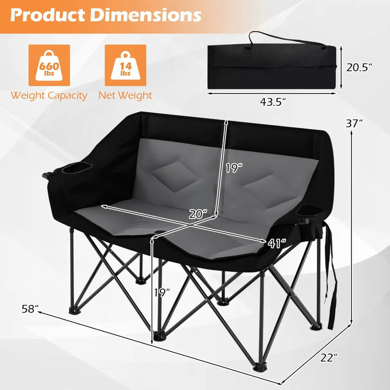 Double Camping Chair with Cup Holders Glass Racks and Mesh Pockets by DirectDeals