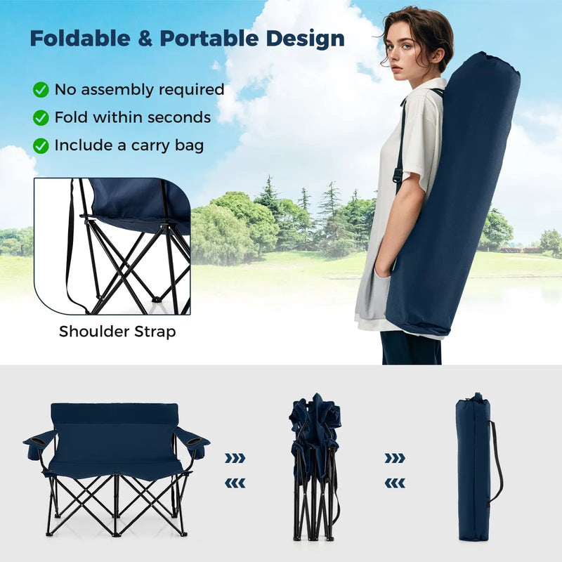 Double Camping Chair 2-Person Outdoor Folding Loveseat with Cup Holders by DirectDeals