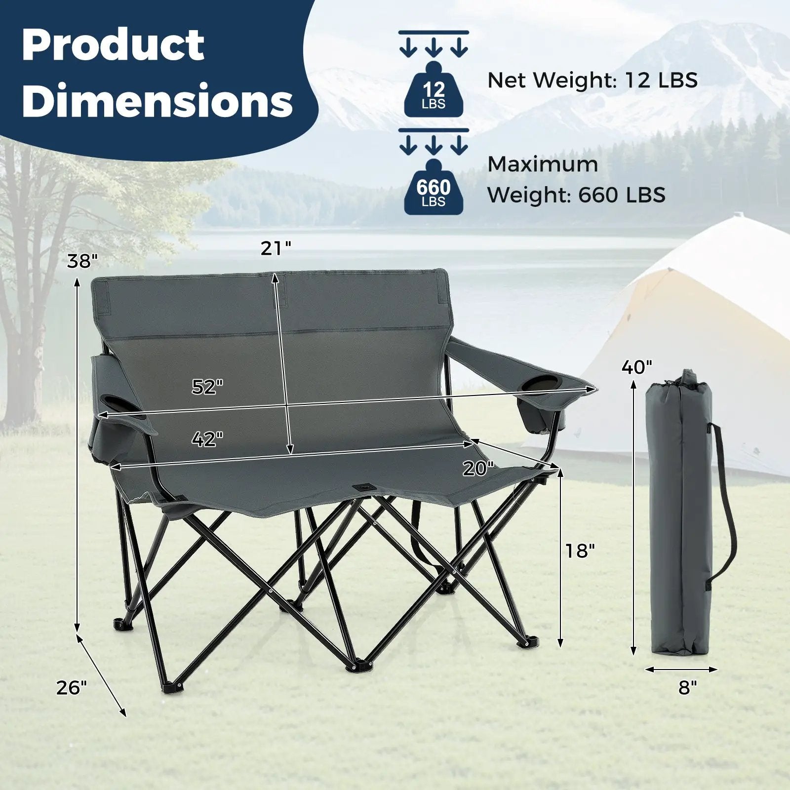 Double Camping Chair 2-Person Outdoor Folding Loveseat with Cup Holders by DirectDeals