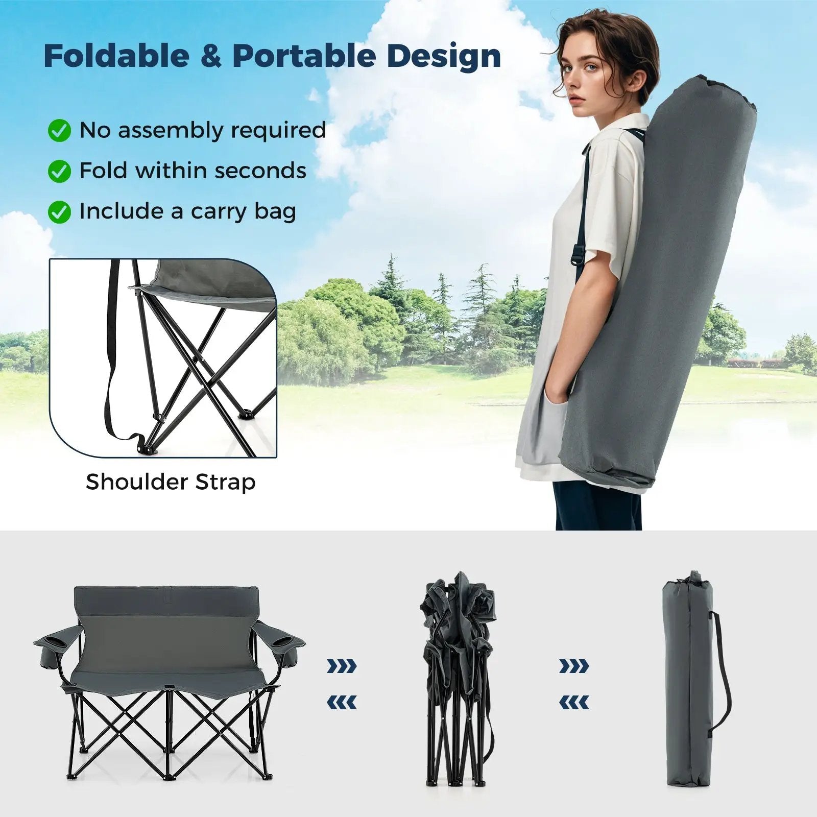 Double Camping Chair 2-Person Outdoor Folding Loveseat with Cup Holders by DirectDeals
