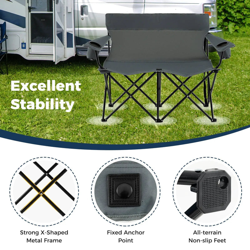 Double Camping Chair 2-Person Outdoor Folding Loveseat with Cup Holders by DirectDeals