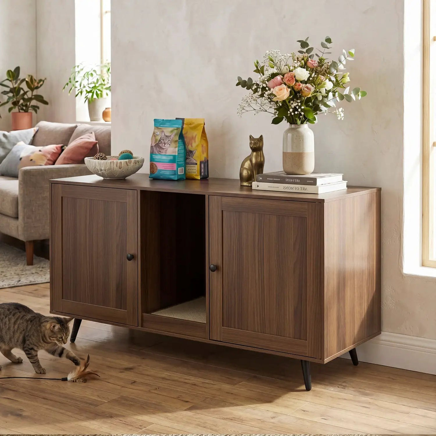 Double Cat Litter Box Enclosure with Scratching Pad by DirectDeals