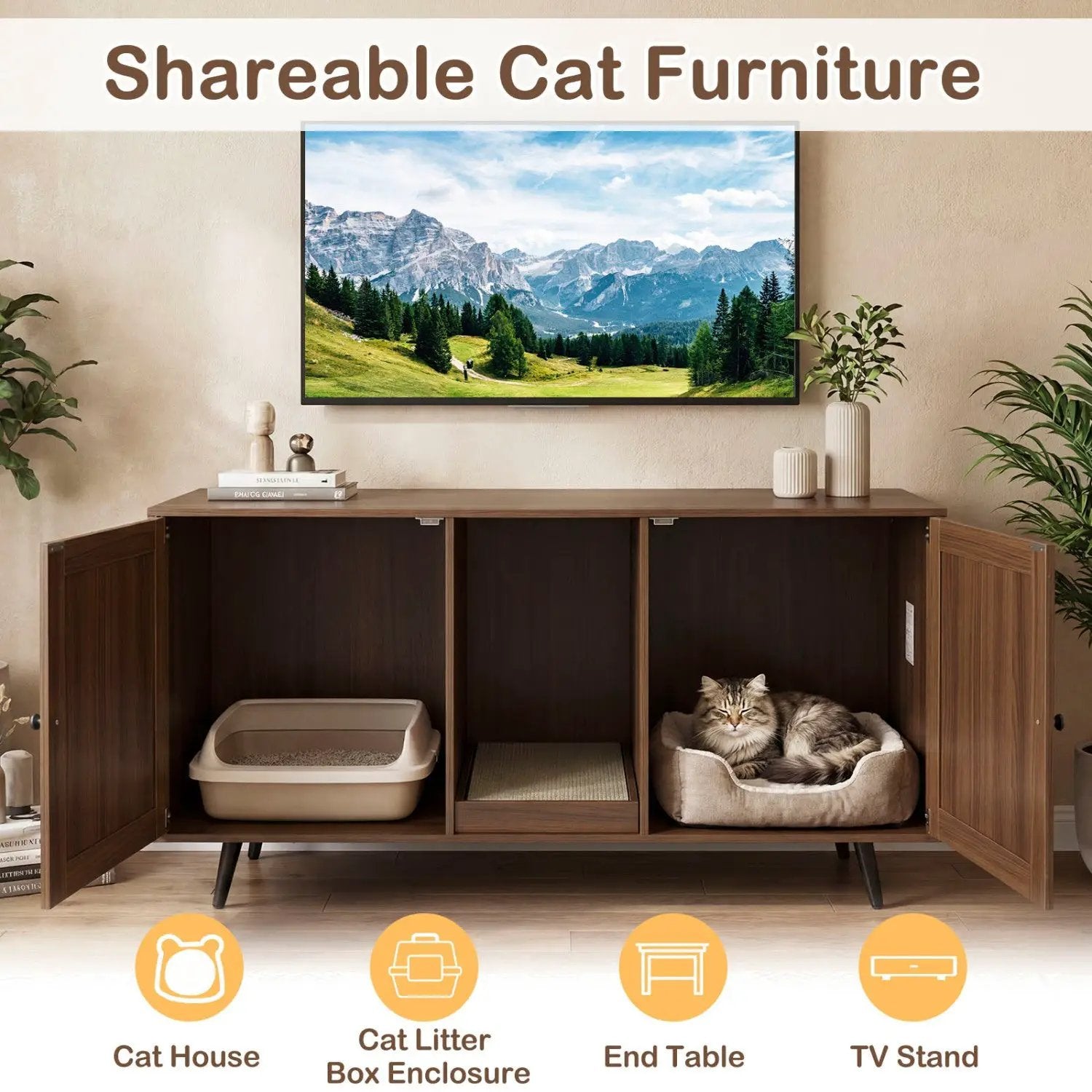 Double Cat Litter Box Enclosure with Scratching Pad by DirectDeals