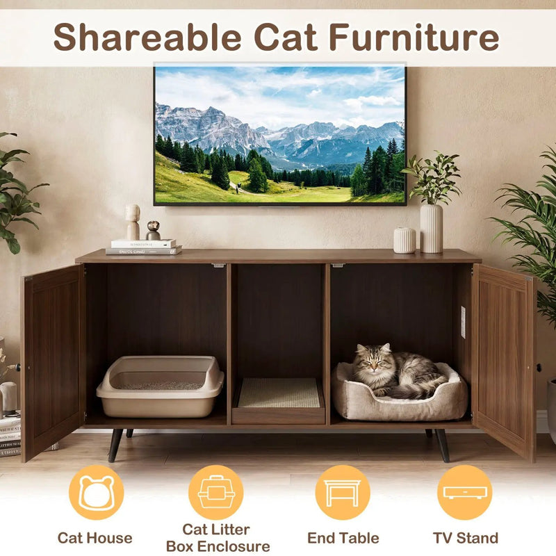 Double Cat Litter Box Enclosure with Scratching Pad by DirectDeals