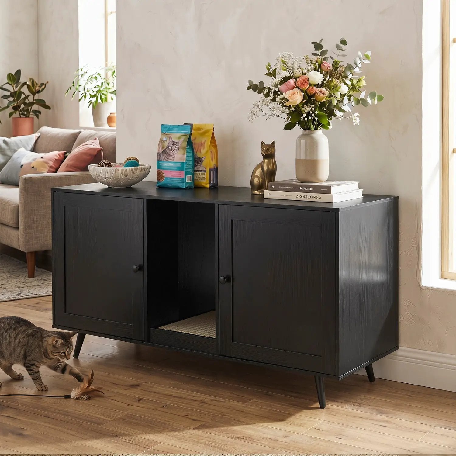 Double Cat Litter Box Enclosure with Scratching Pad by DirectDeals