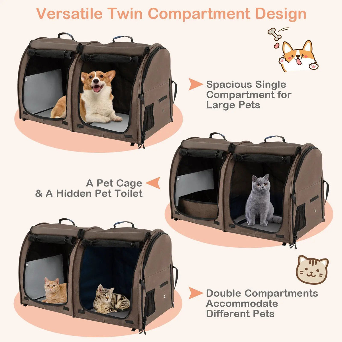 Double Compartment Pet Carrier with 2 Removable Hammocks by DirectDeals