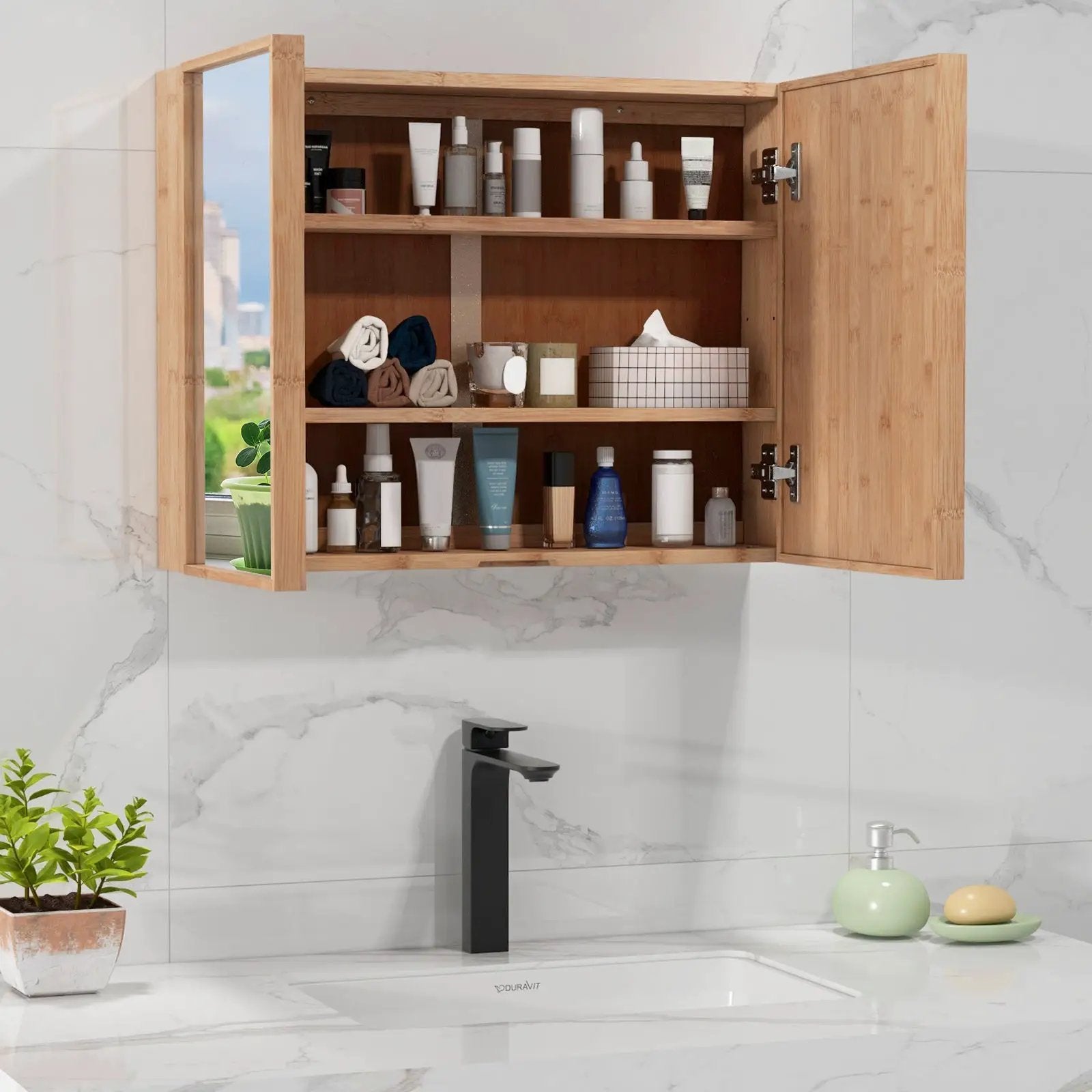 Double Door Bathroom Wall Cabinet with Mirror and Adjustable Shelves-Natural by DirectDeals