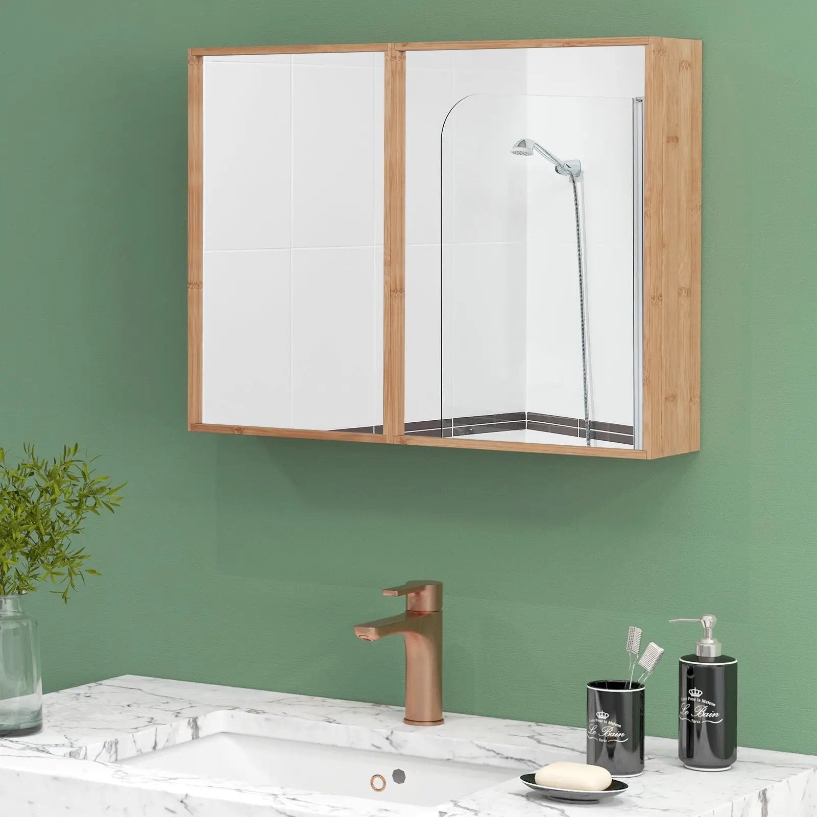 Double Door Bathroom Wall Cabinet with Mirror and Adjustable Shelves-Natural by DirectDeals