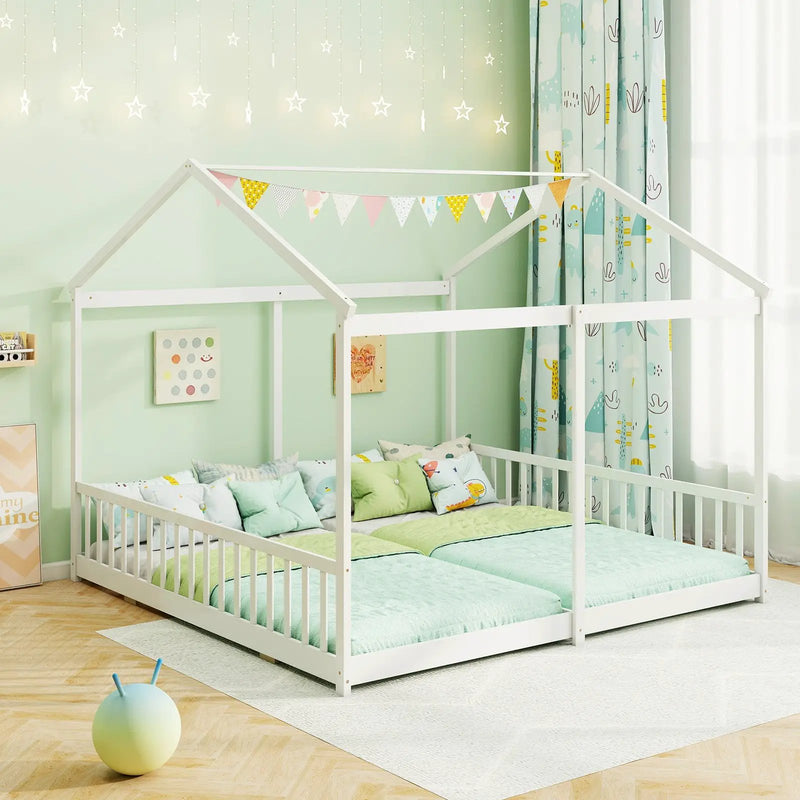 Double Floor Bed for Twins House Beds with Safety Guardrails for 2 Kids-White by DirectDeals