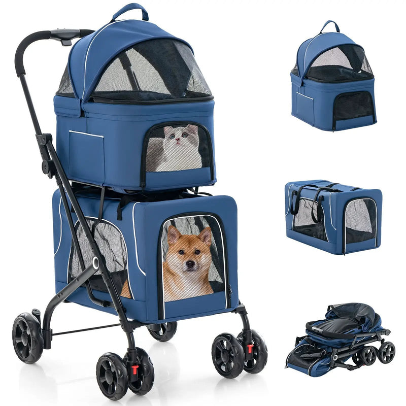 Double Pet Stroller Foldable 3-in-1 Dog Stroller with 2 Detachable Carriers by DirectDeals