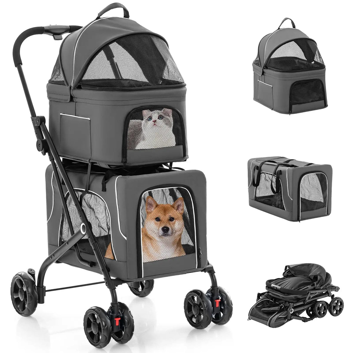 Double Pet Stroller Foldable 3-in-1 Dog Stroller with 2 Detachable Carriers by DirectDeals