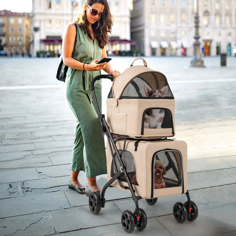 Double Pet Stroller Foldable 3-in-1 Dog Stroller with 2 Detachable Carriers by DirectDeals