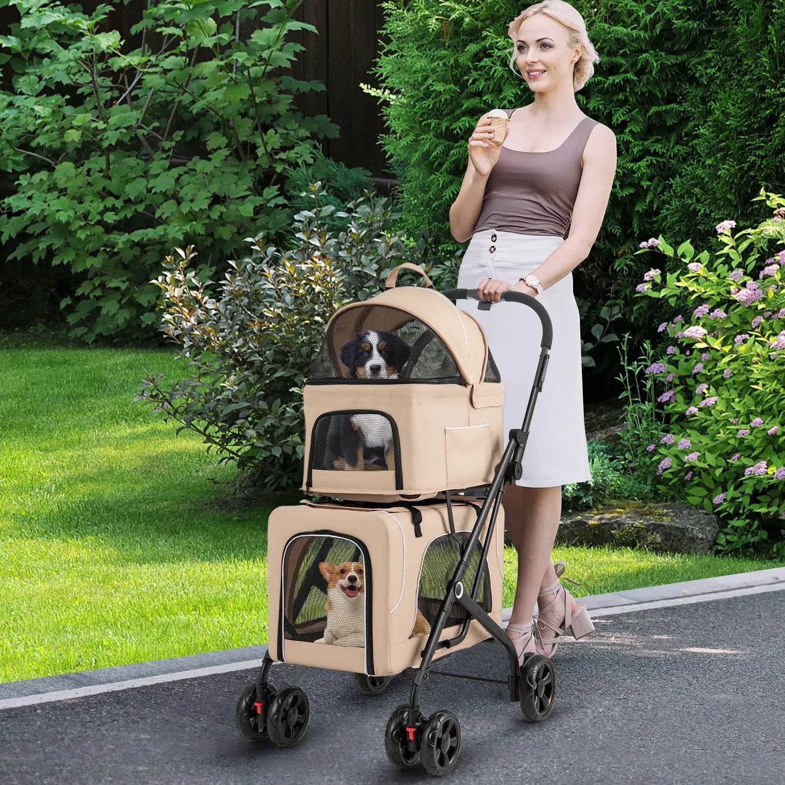 Double Pet Stroller Foldable 3-in-1 Dog Stroller with 2 Detachable Carriers by DirectDeals