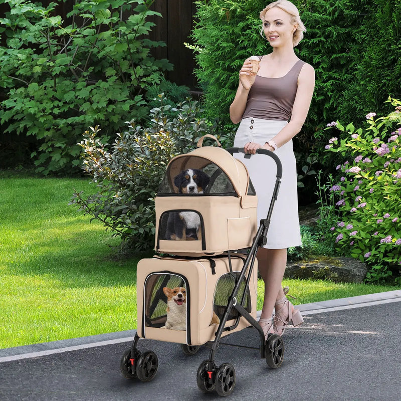 Double Pet Stroller Foldable 3-in-1 Dog Stroller with 2 Detachable Carriers by DirectDeals