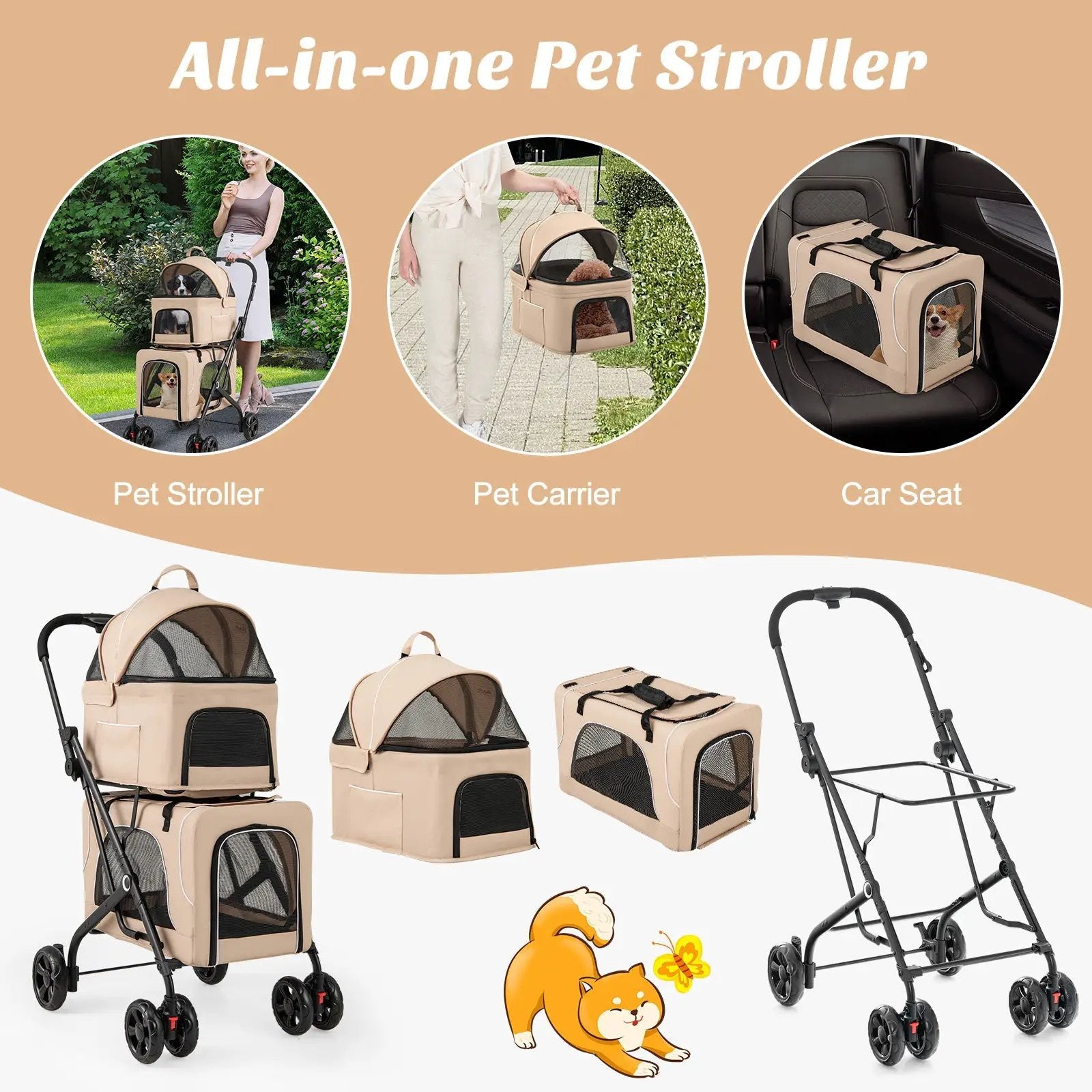Double Pet Stroller Foldable 3-in-1 Dog Stroller with 2 Detachable Carriers by DirectDeals