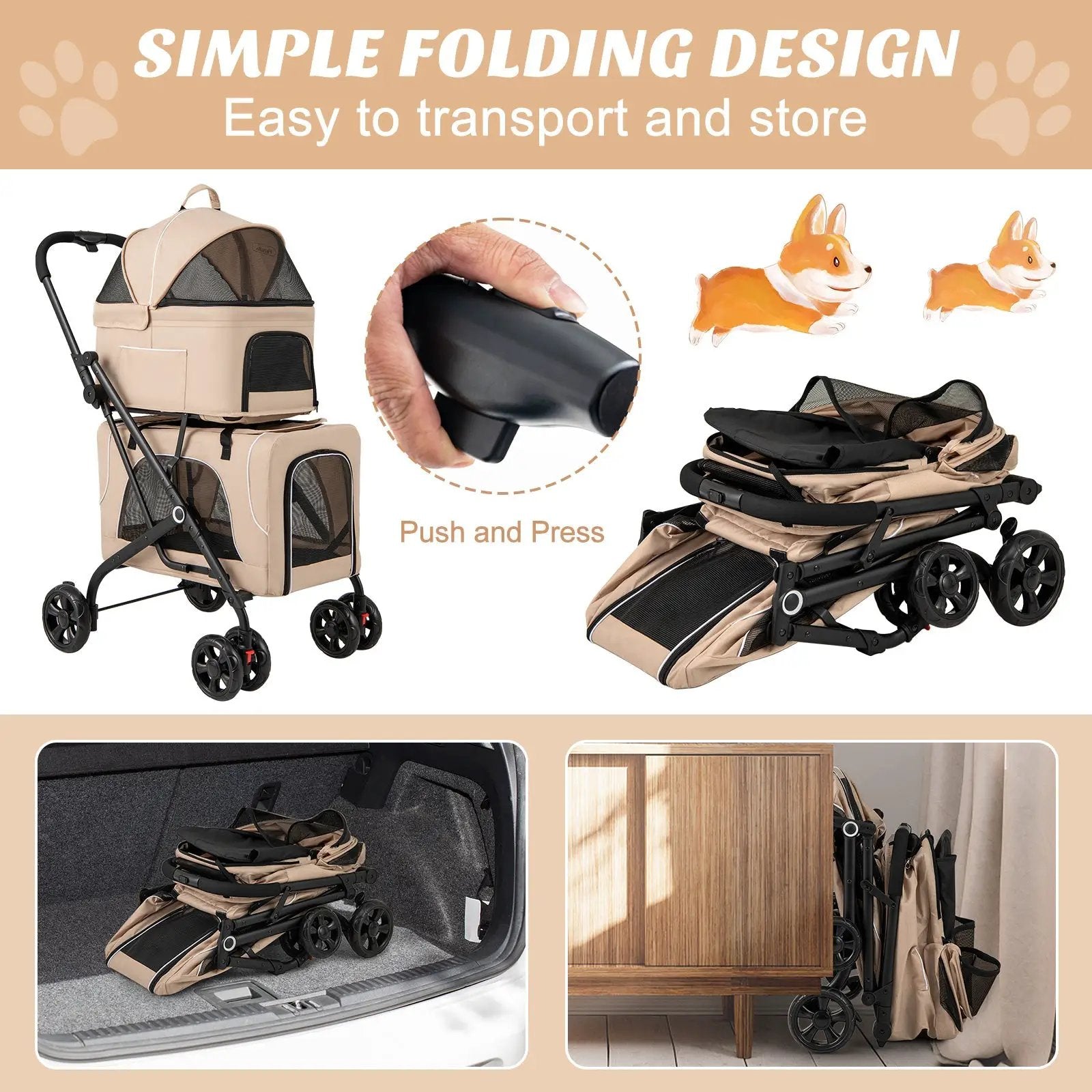 Double Pet Stroller Foldable 3-in-1 Dog Stroller with 2 Detachable Carriers by DirectDeals
