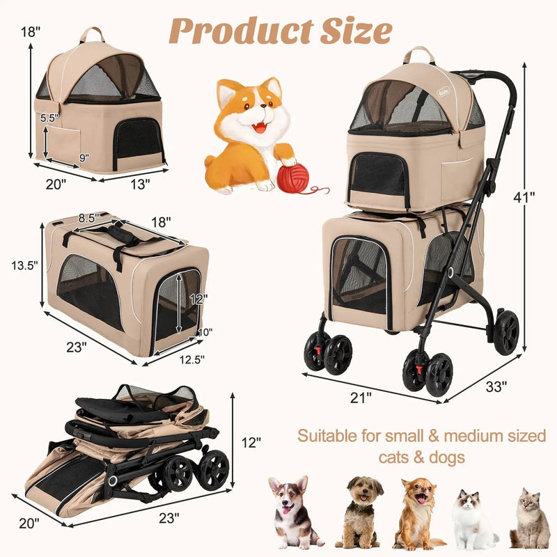 Double Pet Stroller Foldable 3-in-1 Dog Stroller with 2 Detachable Carriers by DirectDeals