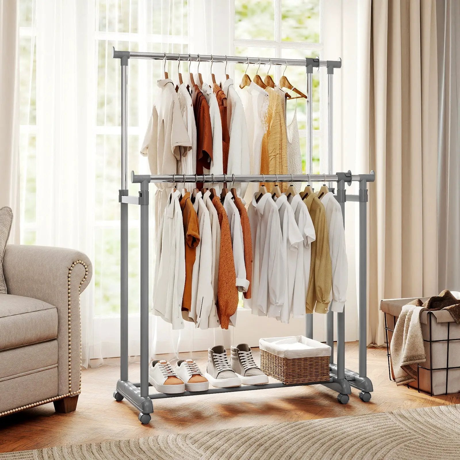Double Rod Clothes Rack Heavy-Duty Metal Garment Rack by DirectDeals