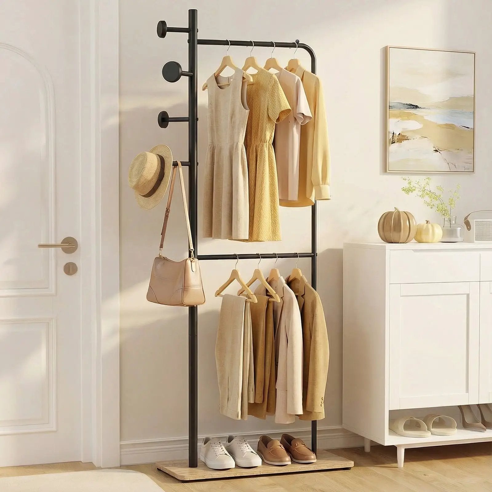 Double Rods Clothes Hanging Rack with Rubber Wood Hooks by DirectDeals
