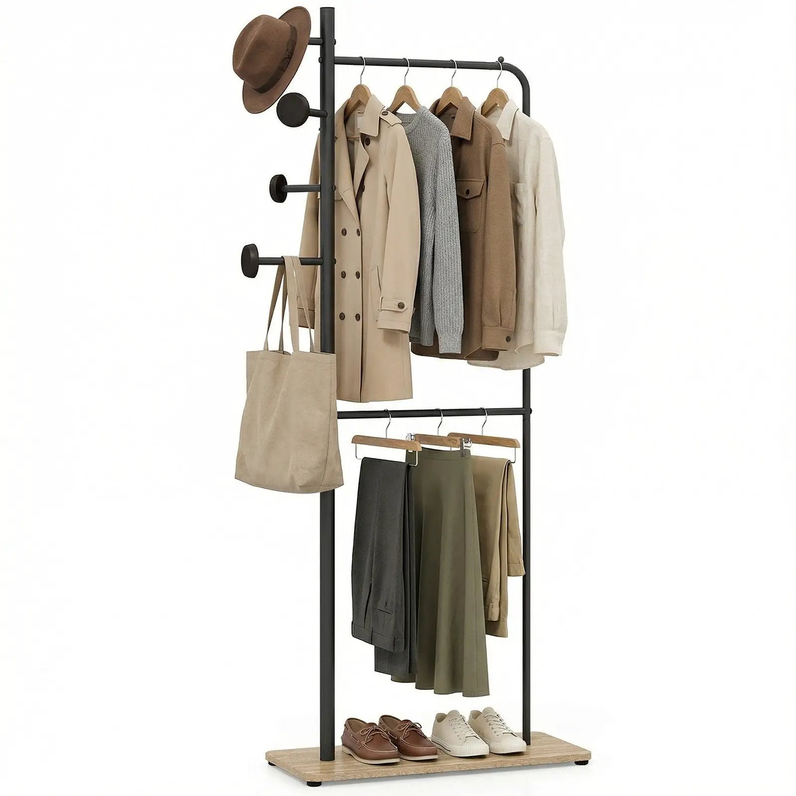 Double Rods Clothes Hanging Rack with Rubber Wood Hooks by DirectDeals