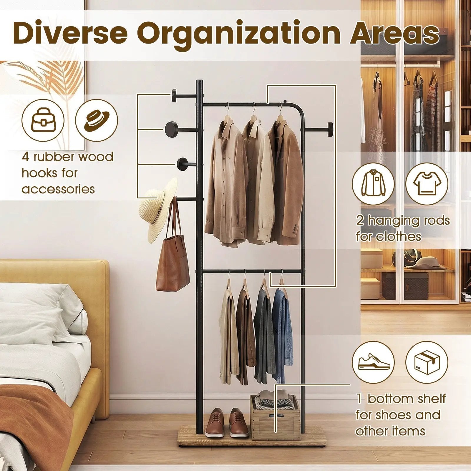 Double Rods Clothes Hanging Rack with Rubber Wood Hooks by DirectDeals