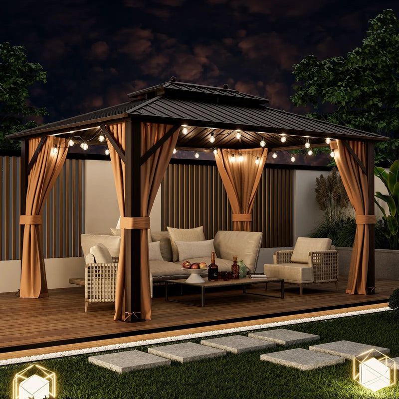 10x13ft Double-Roof Patio Hardtop Gazebo with Galvanized Steel Roof Netting and Curtains-Coffee by DirectDeals