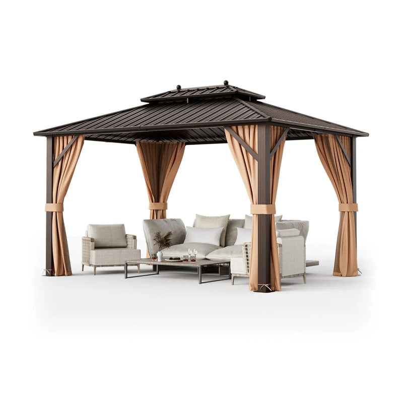 10x13ft Double-Roof Patio Hardtop Gazebo with Galvanized Steel Roof Netting and Curtains-Coffee by DirectDeals