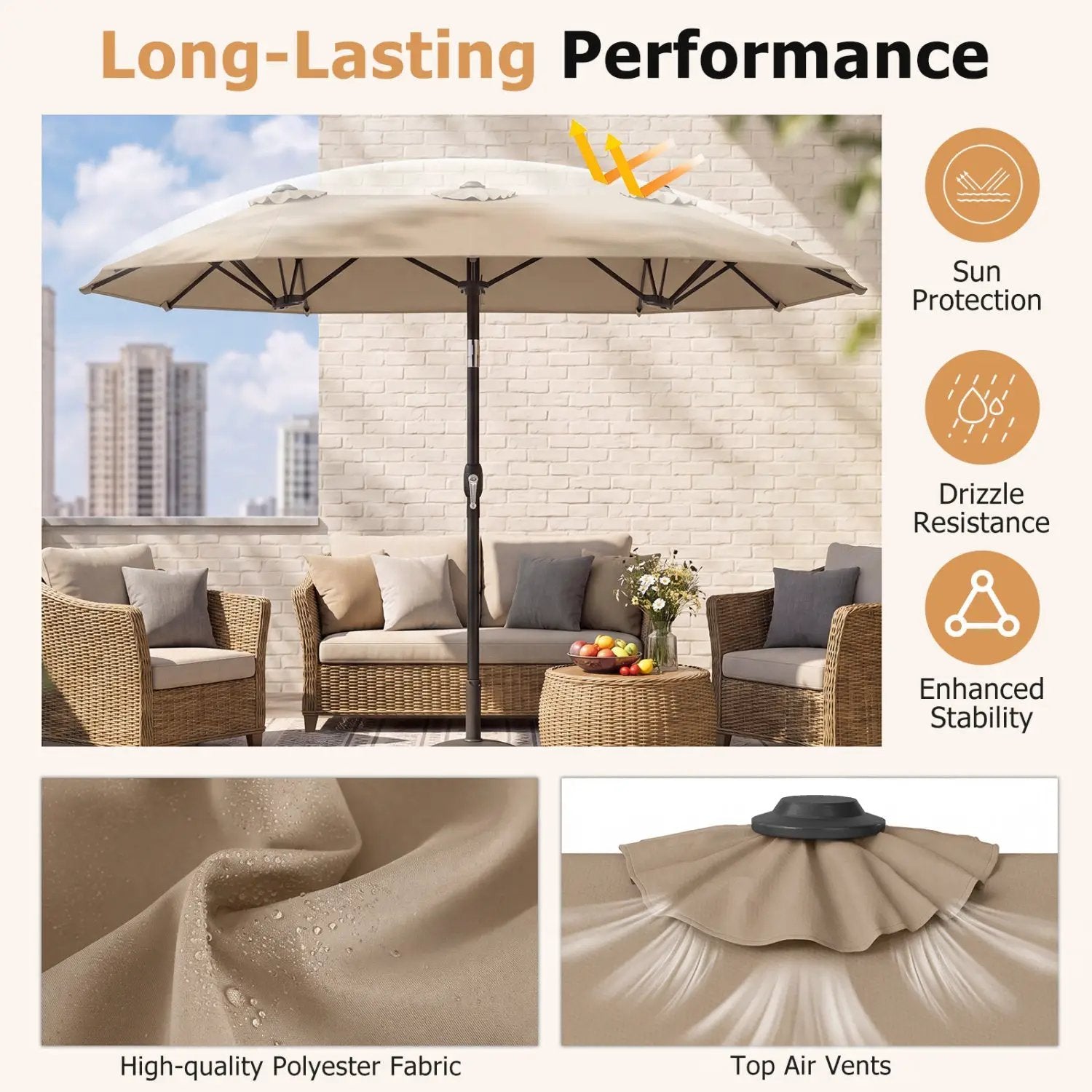 Double-Sided Patio Umbrella with Push Button Tilt Crank Handle by DirectDeals