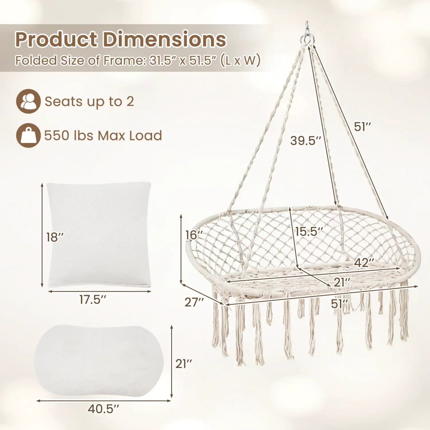 Double Swing Chair with Cushions Macrame Hanging Hammock Chair for Indoor and Outdoor Use by DirectDeals