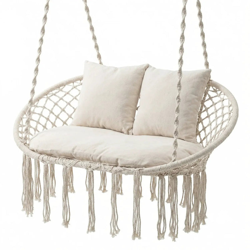 Double Swing Chair with Cushions Macrame Hanging Hammock Chair for Indoor and Outdoor Use by DirectDeals