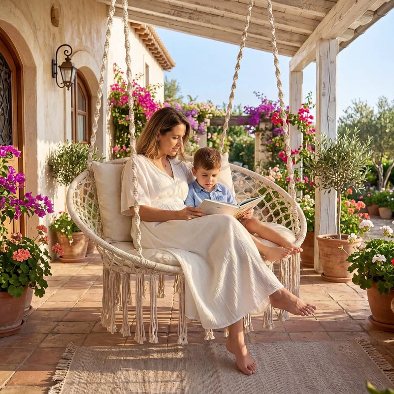 Double Swing Chair with Cushions Macrame Hanging Hammock Chair for Indoor and Outdoor Use by DirectDeals