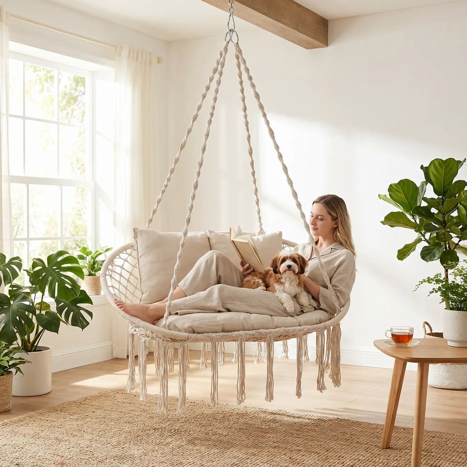 Double Swing Chair with Cushions Macrame Hanging Hammock Chair for Indoor and Outdoor Use by DirectDeals