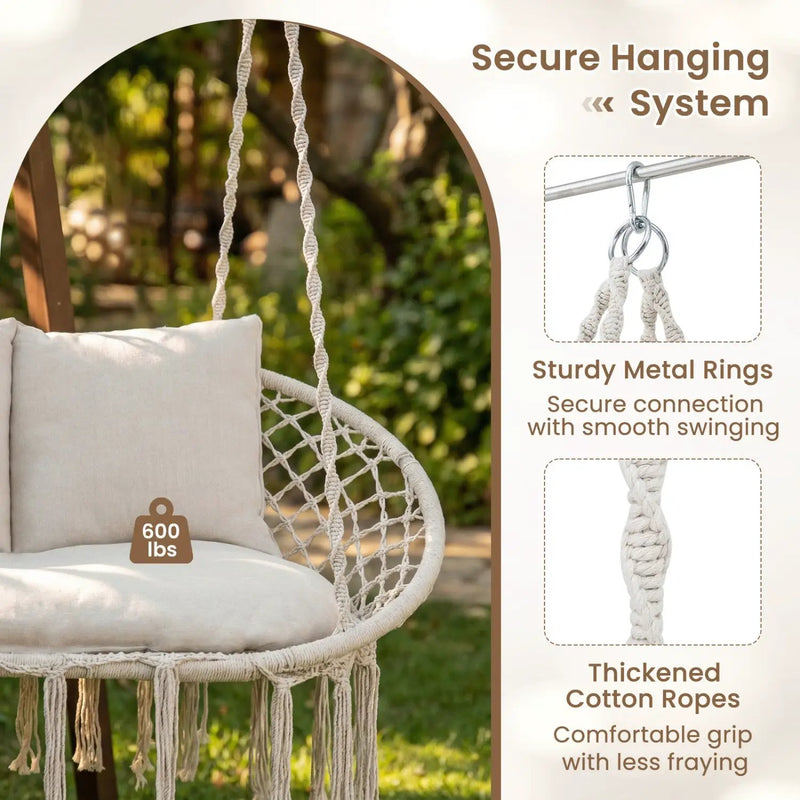 Double Swing Chair with Cushions Macrame Hanging Hammock Chair for Indoor and Outdoor Use by DirectDeals
