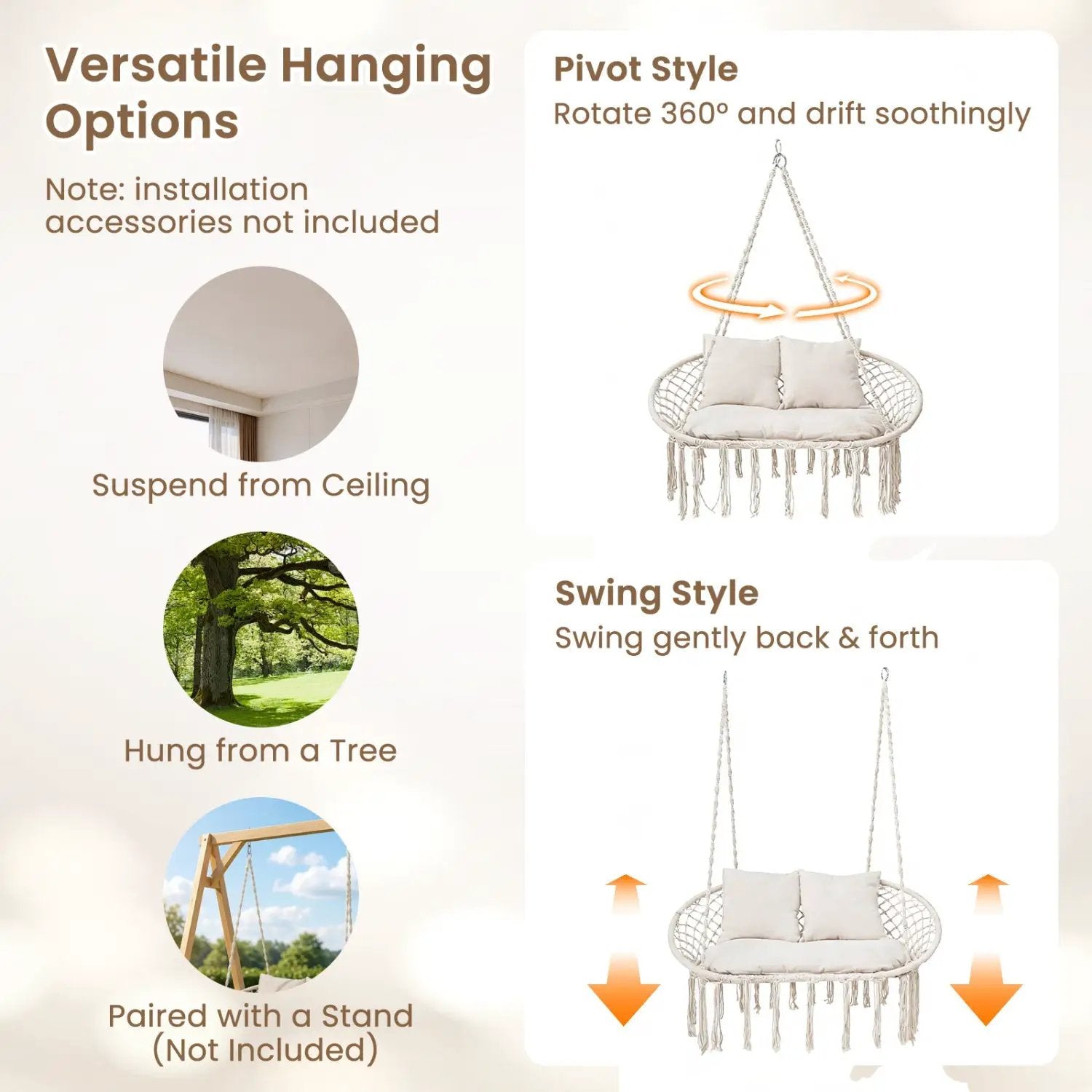 Double Swing Chair with Cushions Macrame Hanging Hammock Chair for Indoor and Outdoor Use by DirectDeals