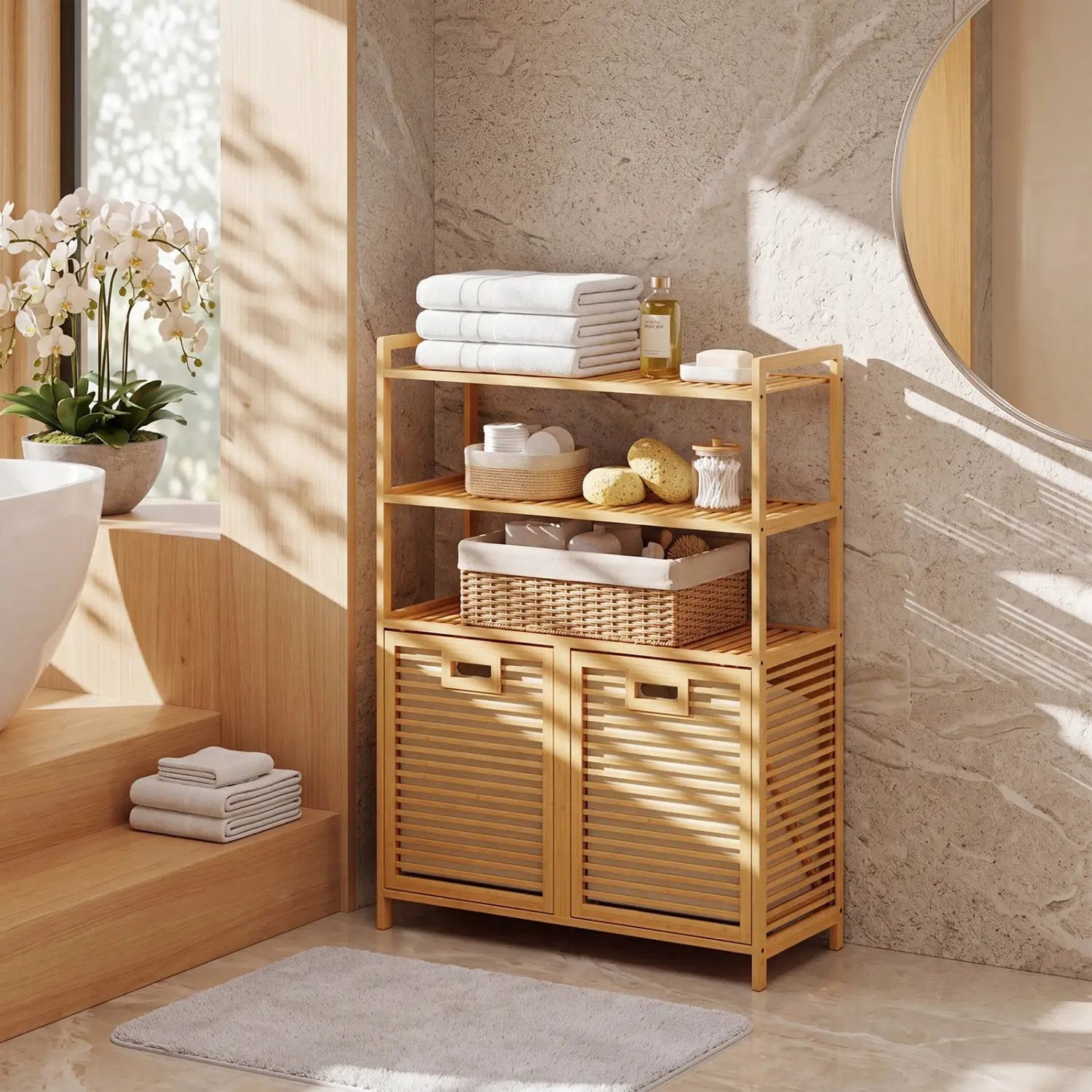 Double Tilt-Out Laundry Hamper with 3 Shelves & Baskets by DirectDeals