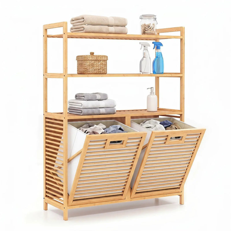 Double Tilt-Out Laundry Hamper with 3 Shelves & Baskets by DirectDeals