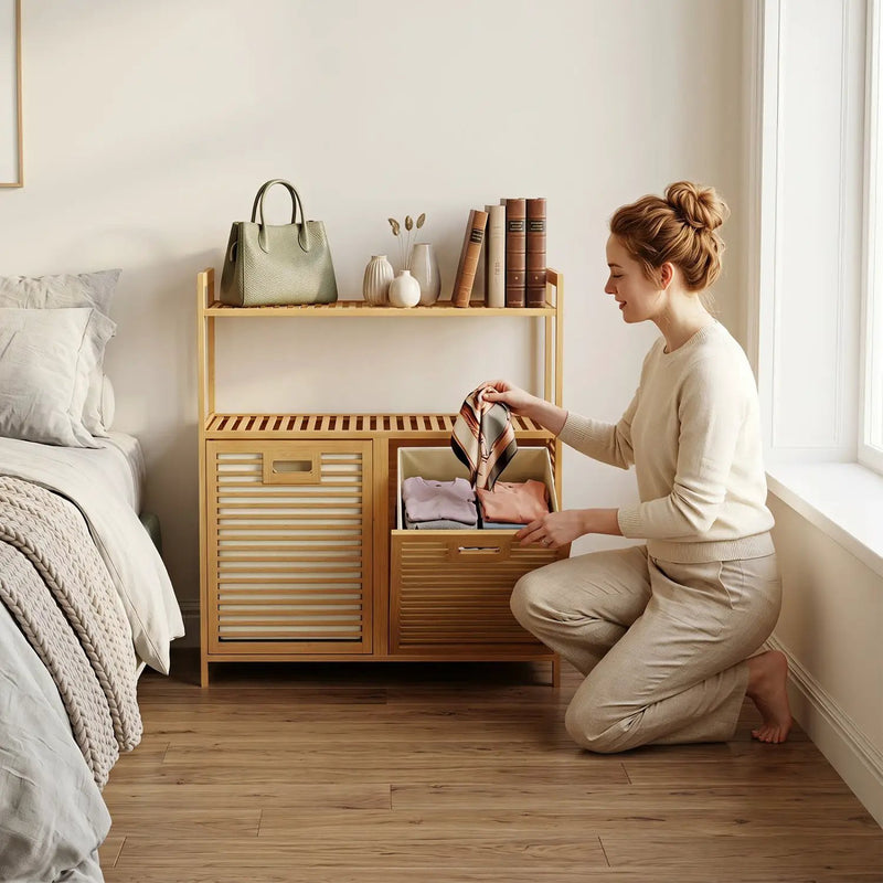 Double Tilt-Out Laundry Hamper with 2 Shelves - Natural Bamboo by DirectDeals