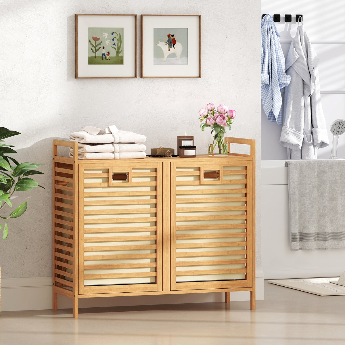 Double Tilt-out Laundry Hamper with 2 Removable Bins-Natural, photo 2 of 10