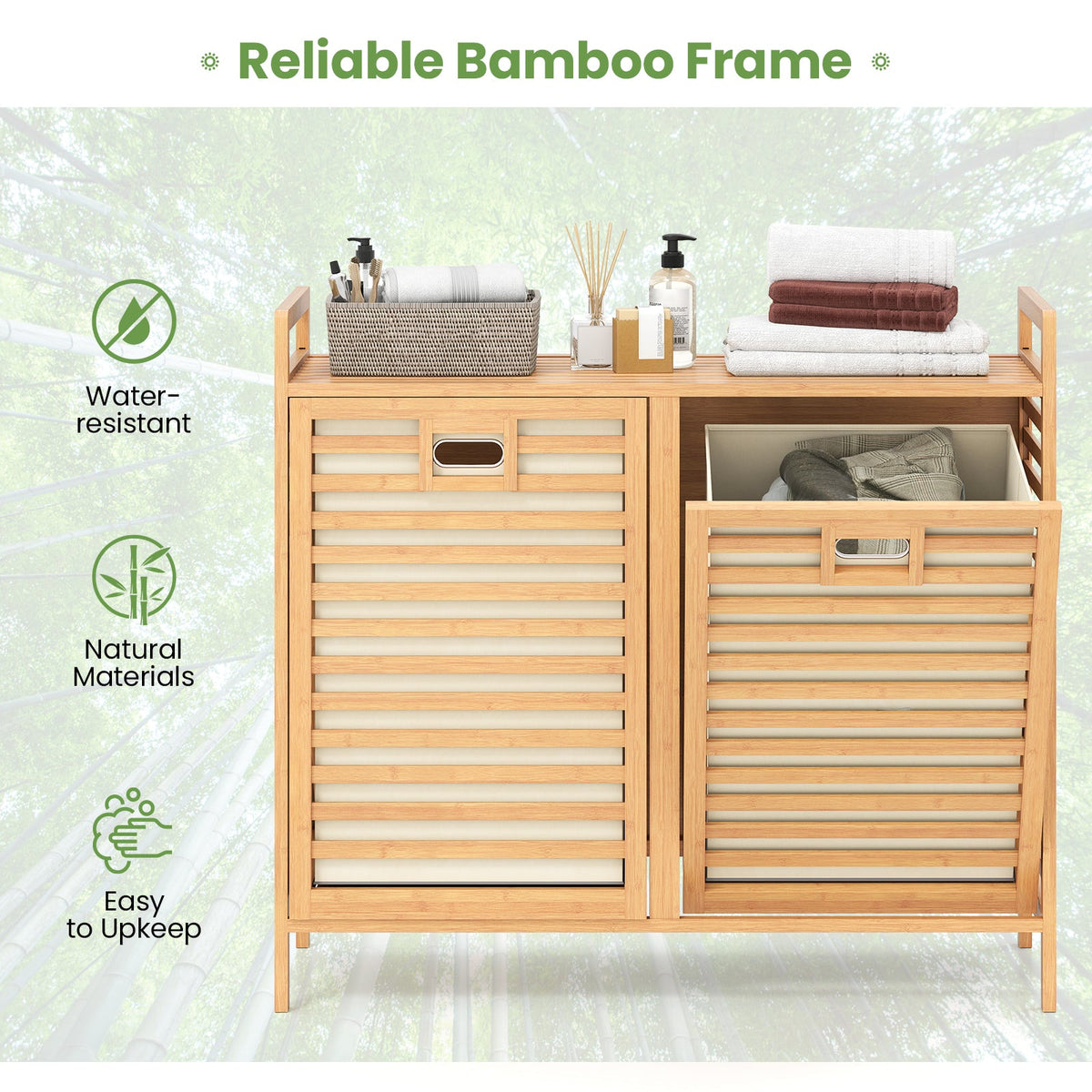 Double Tilt-out Laundry Hamper with 2 Removable Bins-Natural, photo 6 of 10