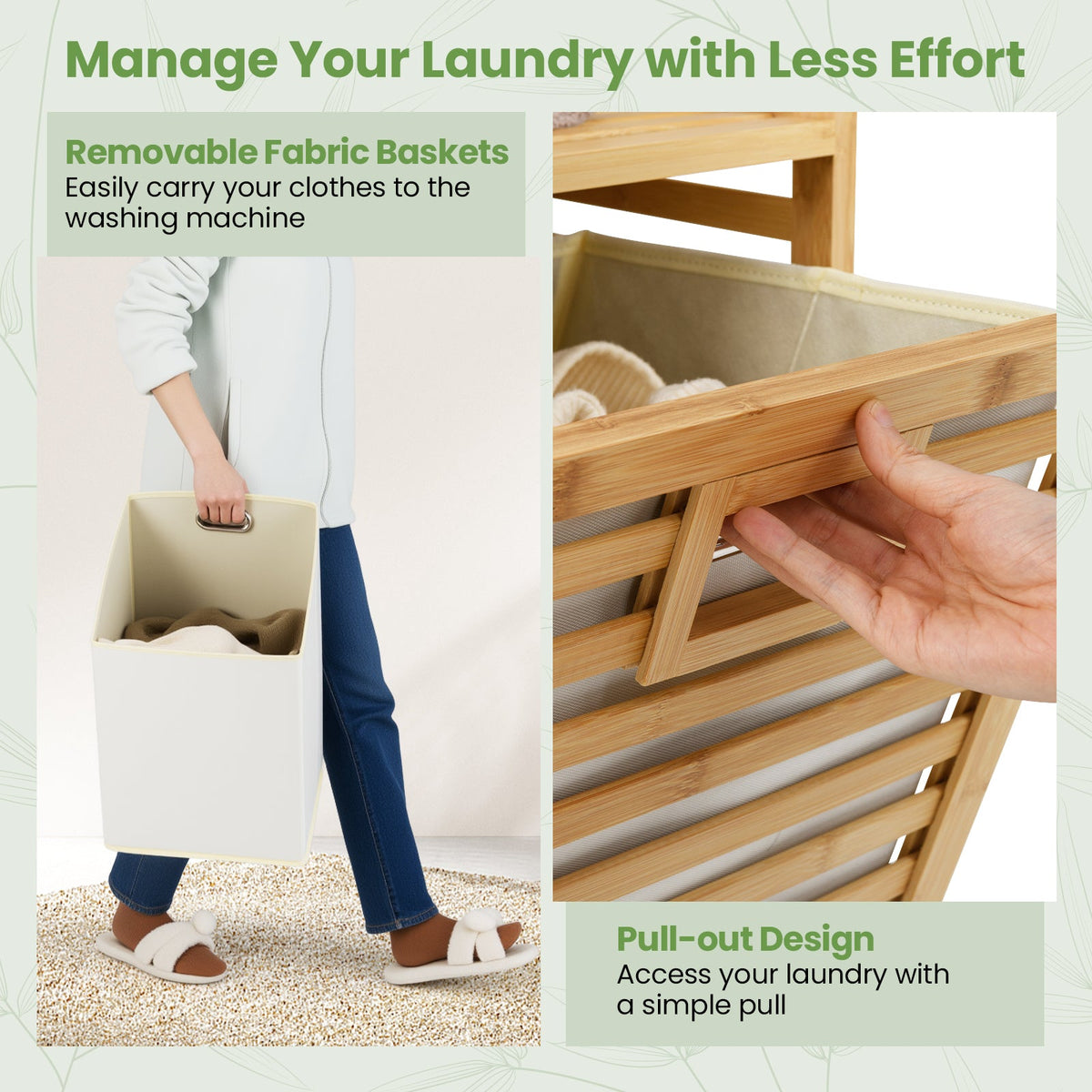 Double Tilt-out Laundry Hamper with 2 Removable Bins-Natural, photo 8 of 10