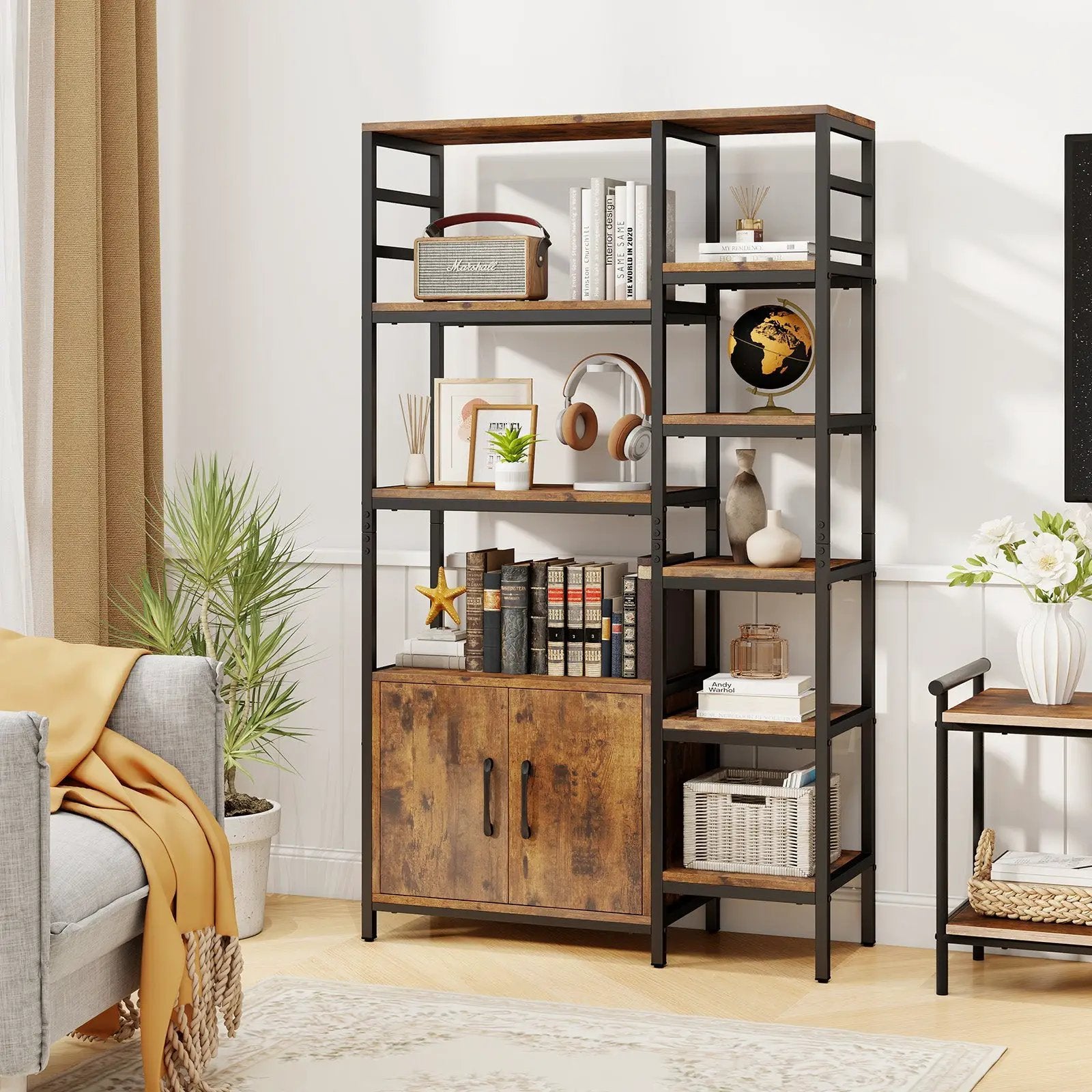 Double Wide 8-Tier Bookshelf with 2-Door Cabinet for Living Room Home Office-Rustic Brown by DirectDeals