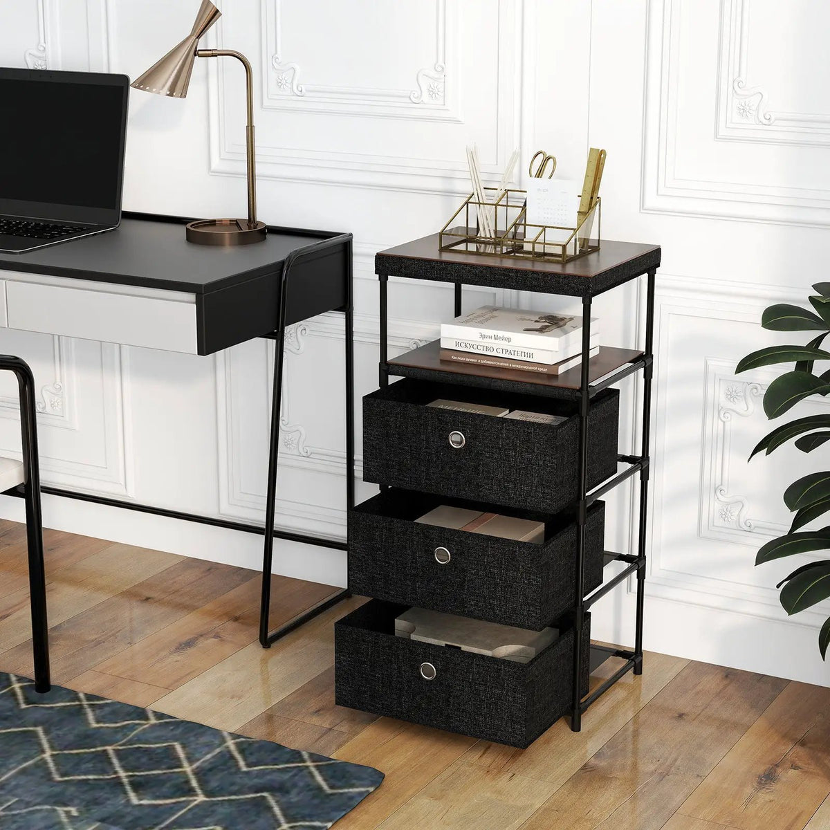 Dresser with 3/4 Drawers Fabric Storage Tower with Wood Top and Metal Frame by DirectDeals