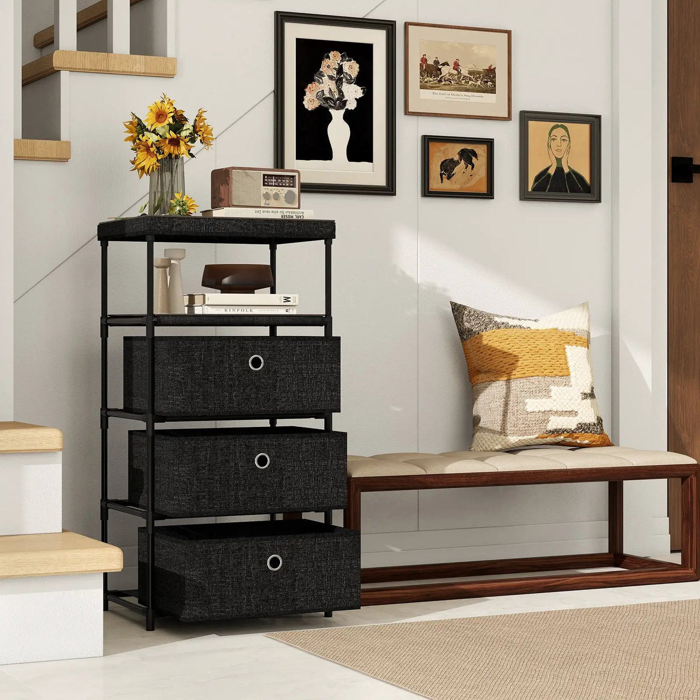 Dresser with 3/4 Drawers Fabric Storage Tower with Wood Top and Metal Frame by DirectDeals