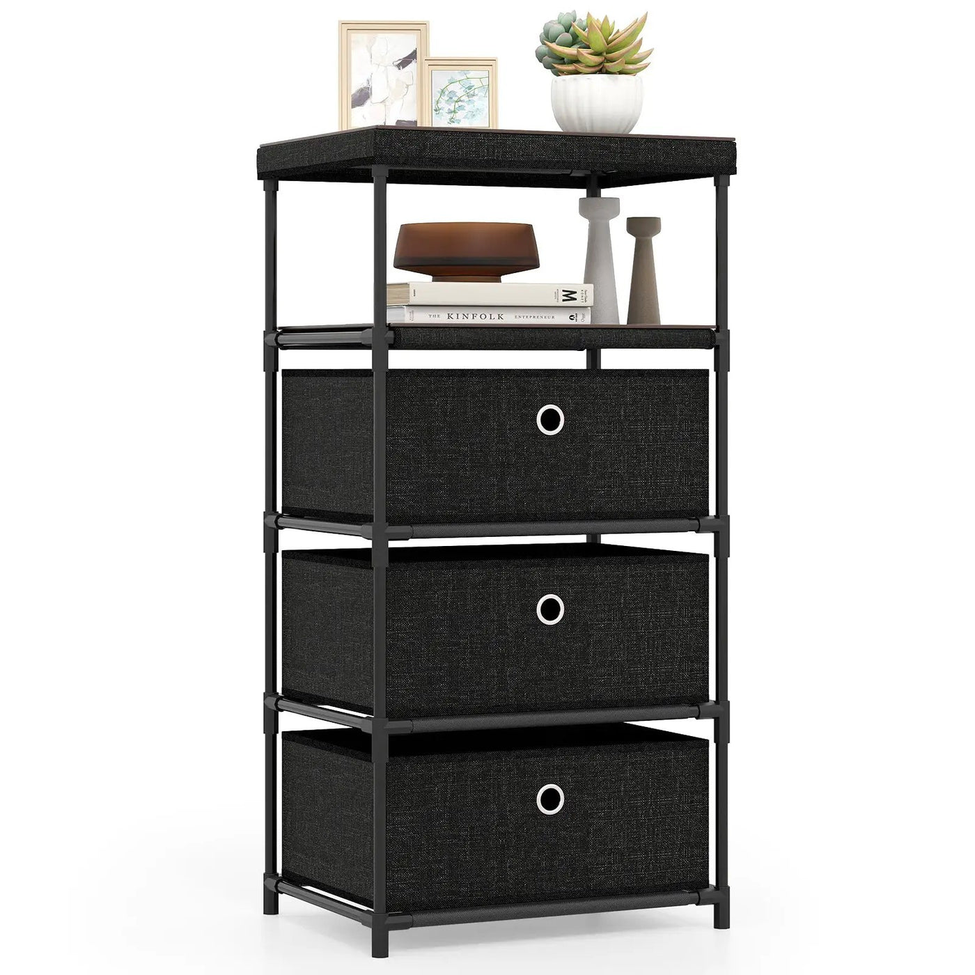 Dresser with 3/4 Drawers Fabric Storage Tower with Wood Top and Metal Frame by DirectDeals
