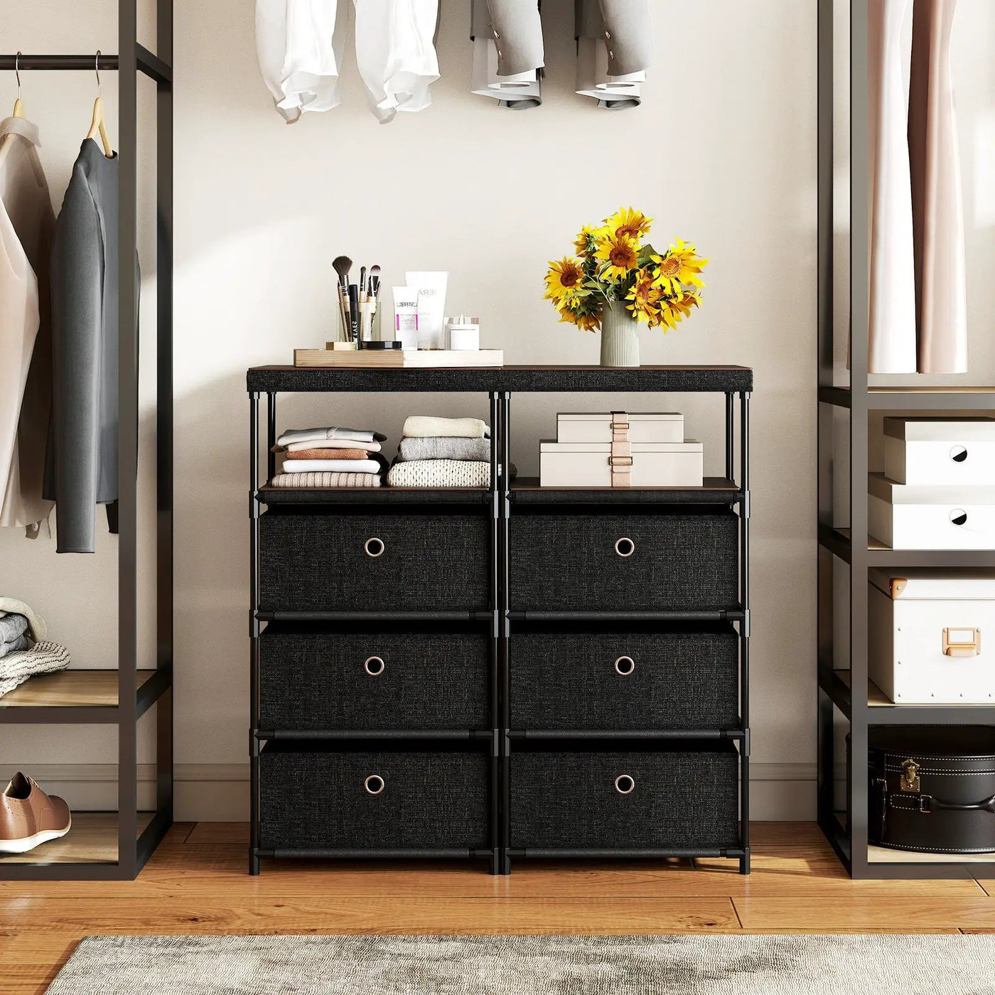 Dresser with 3/4 Drawers Fabric Storage Tower with Wood Top and Metal Frame by DirectDeals