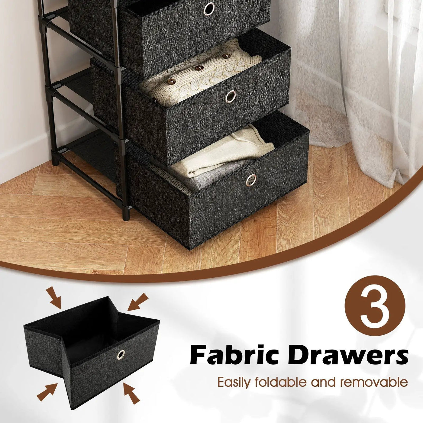 Dresser with 3/4 Drawers Fabric Storage Tower with Wood Top and Metal Frame by DirectDeals
