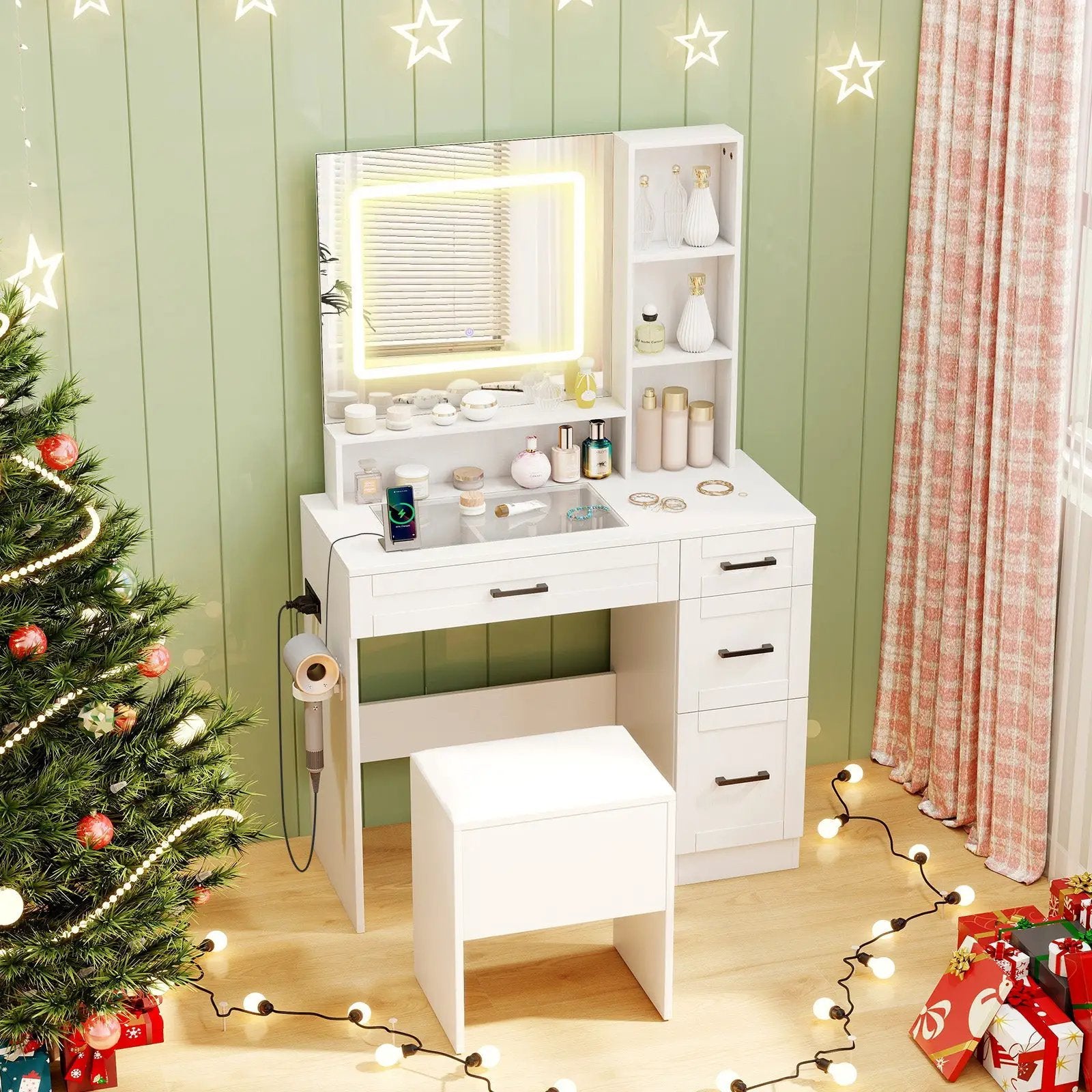 Dressing Desk with 3 Color Lighting and Hair Dryer Stand-White by DirectDeals